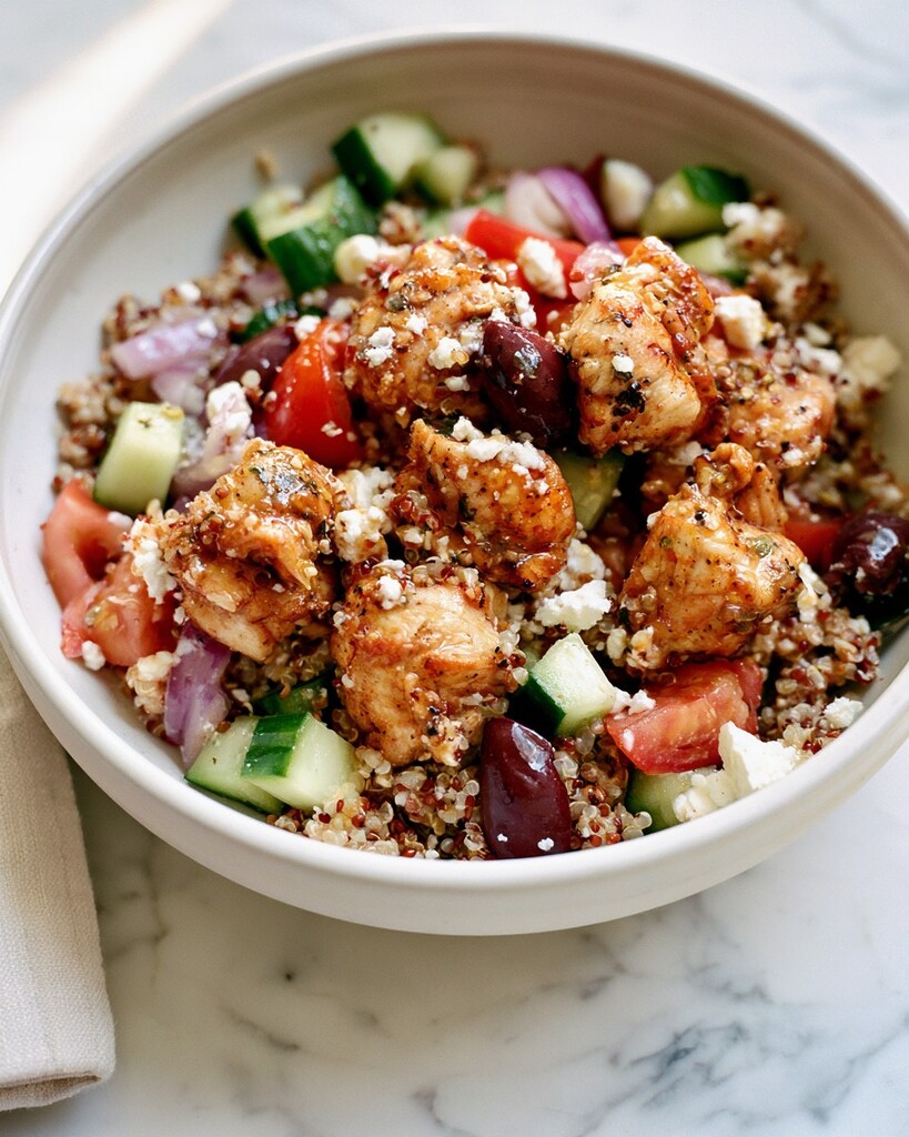 Mediterranean chicken bowl with seared chicken pieces, cucumber, tomato, olives, and crumbled feta over quinoa