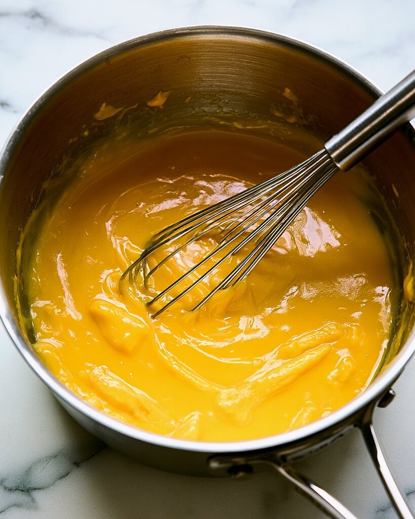 Whisking the smooth glossy cheddar sauce until the cheese is completely melted