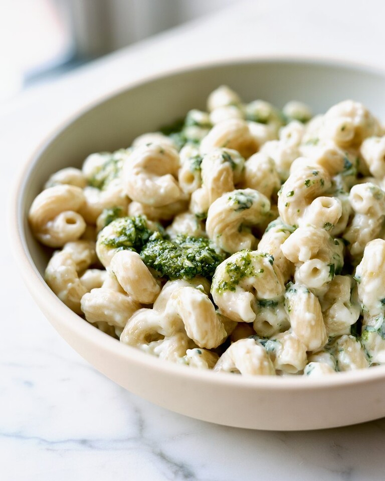 Cavatappi pasta coated in a creamy white cottage cheese sauce with green pesto swirls in a serving bowl