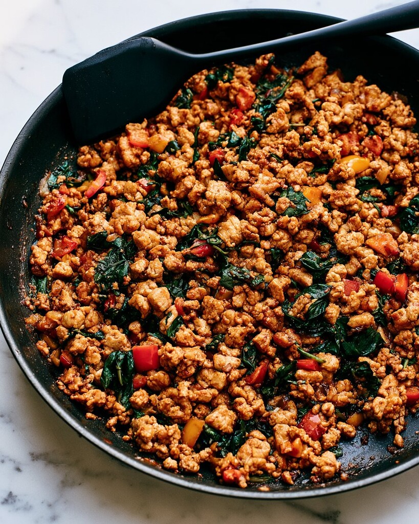 Sticky ground turkey mixed with wilted spinach and bell peppers in a black skillet
