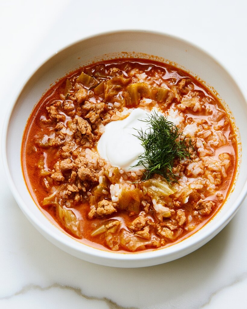 Finished cabbage roll soup served in a white bowl with a cream garnish