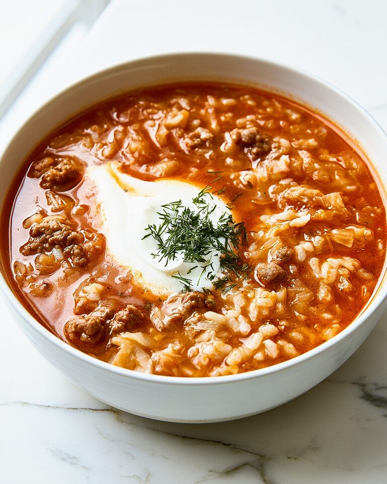 White bowl filled with cabbage roll soup showing tender ground beef, rice, and a swirl of sour cream with fresh dill