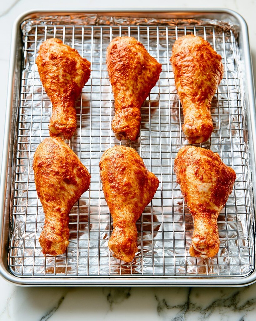 Raw seasoned chicken drumsticks spaced evenly on a wire rack over a foil-lined baking sheet