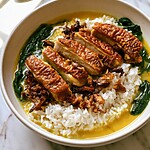 Turmeric-ginger chicken bowls served over white rice with crispy shallots, spinach, and golden coconut broth