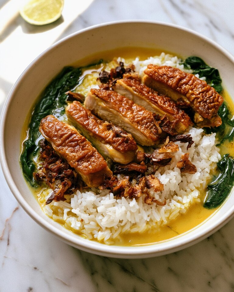 Turmeric-ginger chicken bowls served over white rice with crispy shallots, spinach, and golden coconut broth