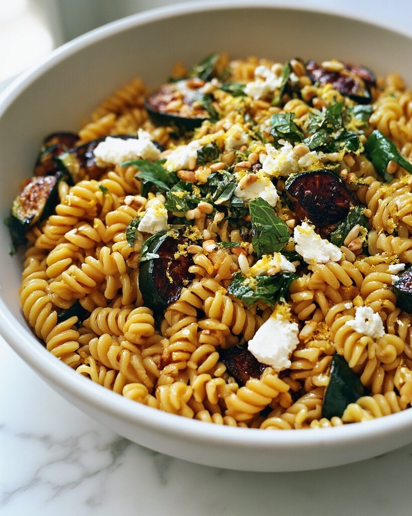 Finished blistered zucchini pasta salad with golden fusilli, caramelized squash, feta, and pine nuts
