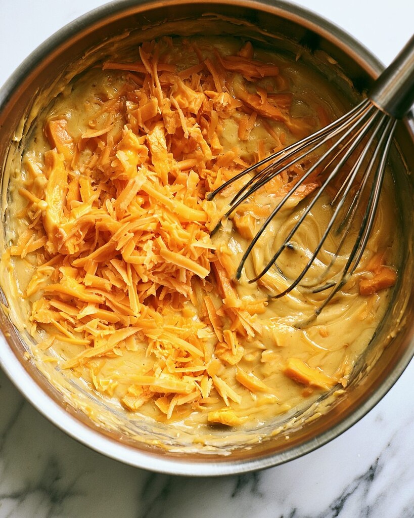 Whisking freshly grated cheddar cheese into the warm sauce base off the heat