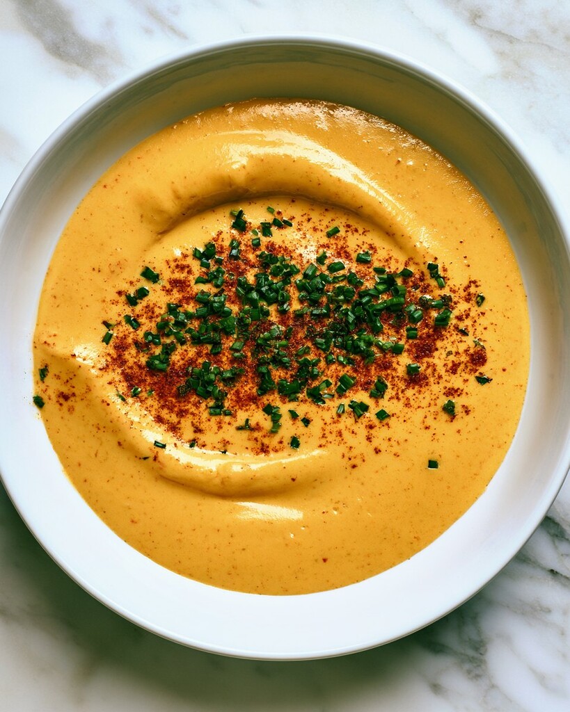 Finished creamy cheddar sauce in a white serving bowl ready for dipping