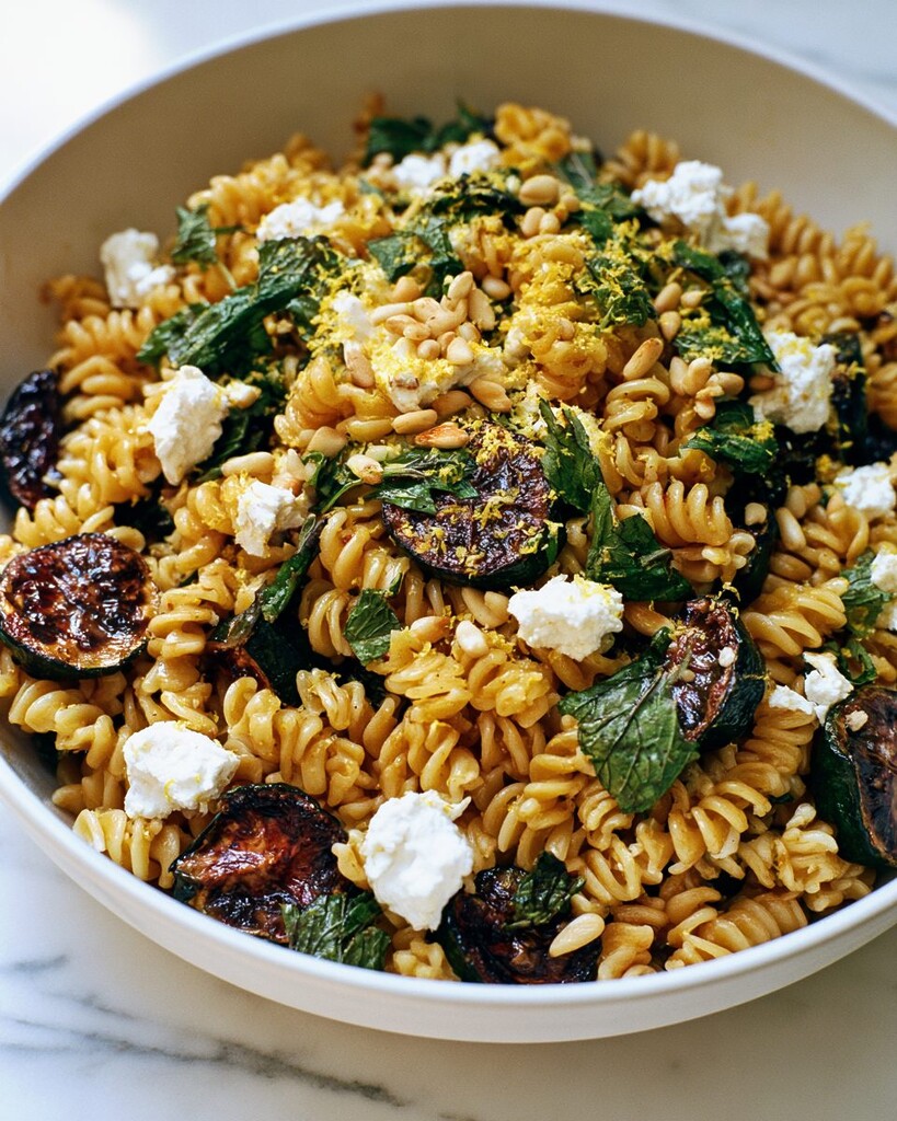 A white bowl filled with blistered zucchini pasta salad, topped with crumbled feta, pine nuts, and green herbs