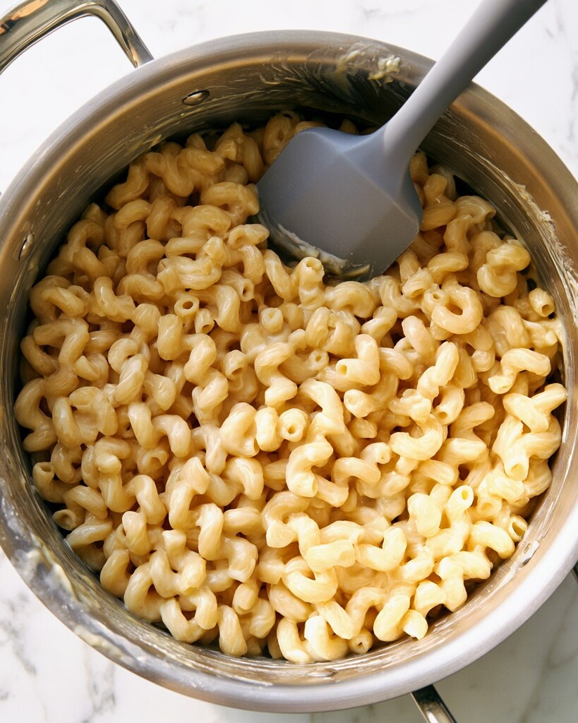 Cavatappi pasta being stirred into a thick white cheese sauce with a silicone spoon in a metal pot