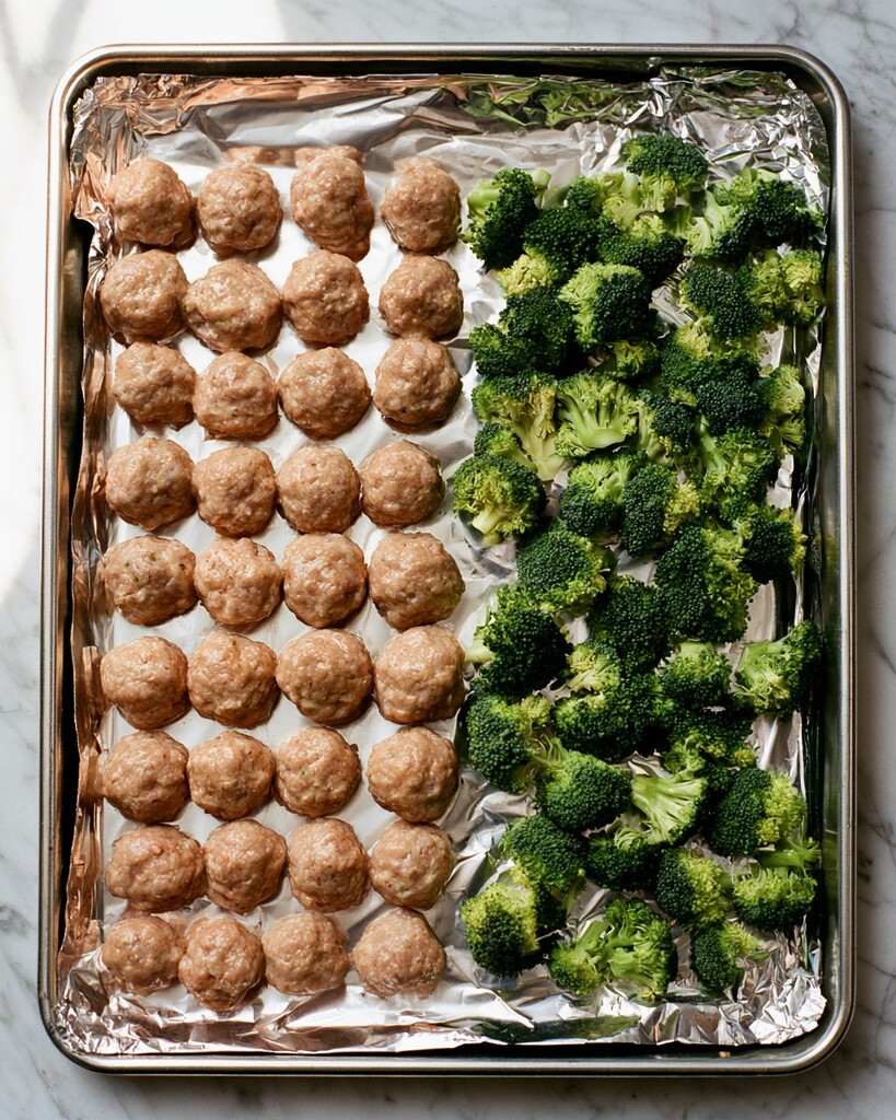 Raw pork meatballs and fresh broccoli florets arranged on an aluminum foil-lined baking sheet