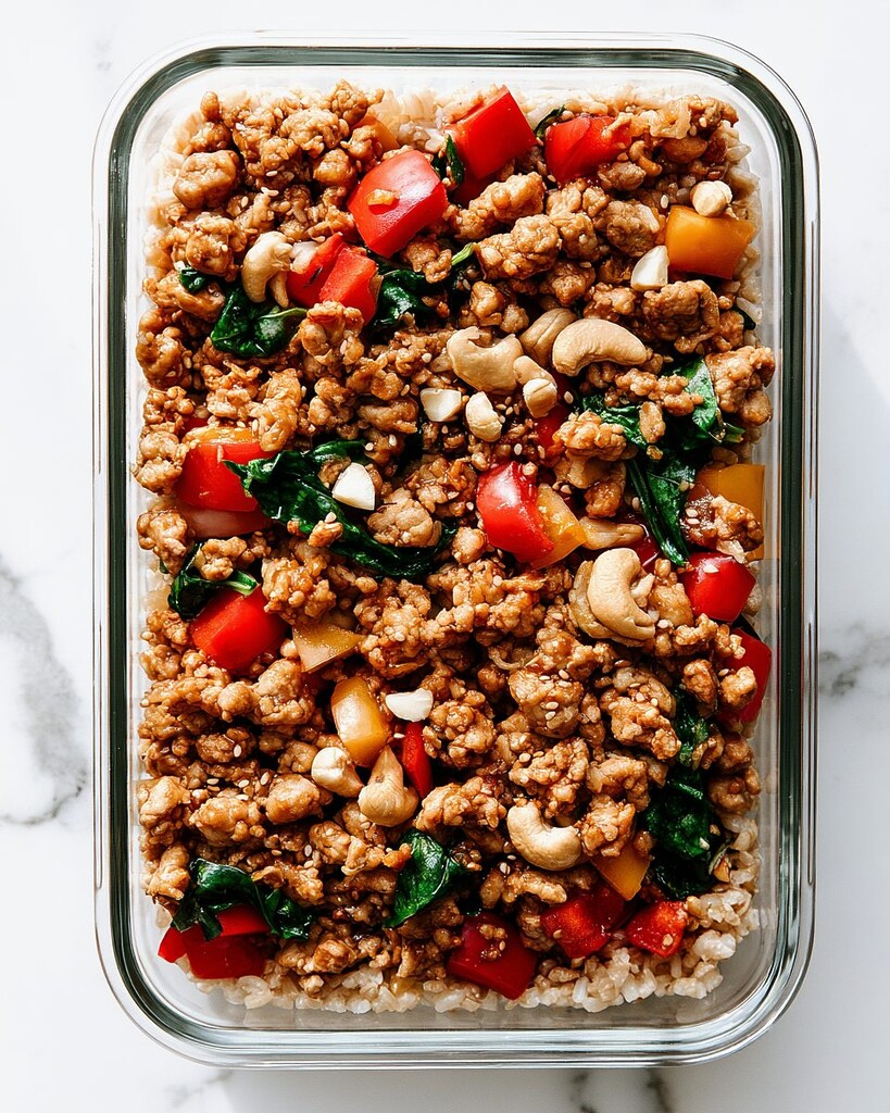 Layering sticky ground turkey over brown rice in a glass meal prep container