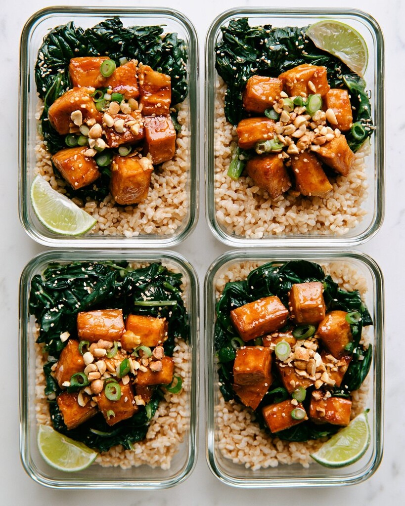 Four glass meal prep containers lined up and filled with brown rice, kale, glazed tofu, peanuts, and lime wedges