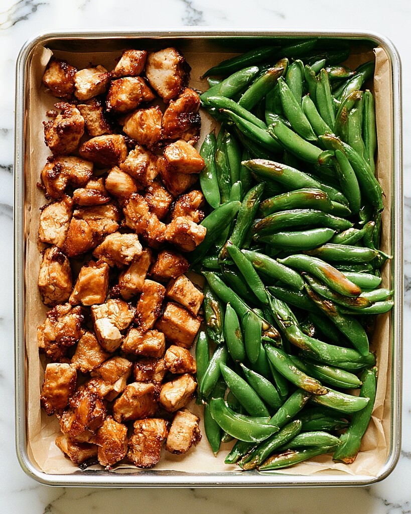 Torn tofu chunks browned on one side of a baking sheet next to bright green roasted sugar snap peas