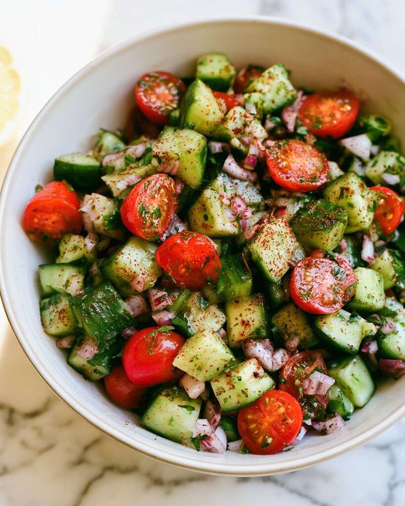 Chopped cucumbers, cherry tomatoes, and red onions tossed with lemon dressing in a white bowl