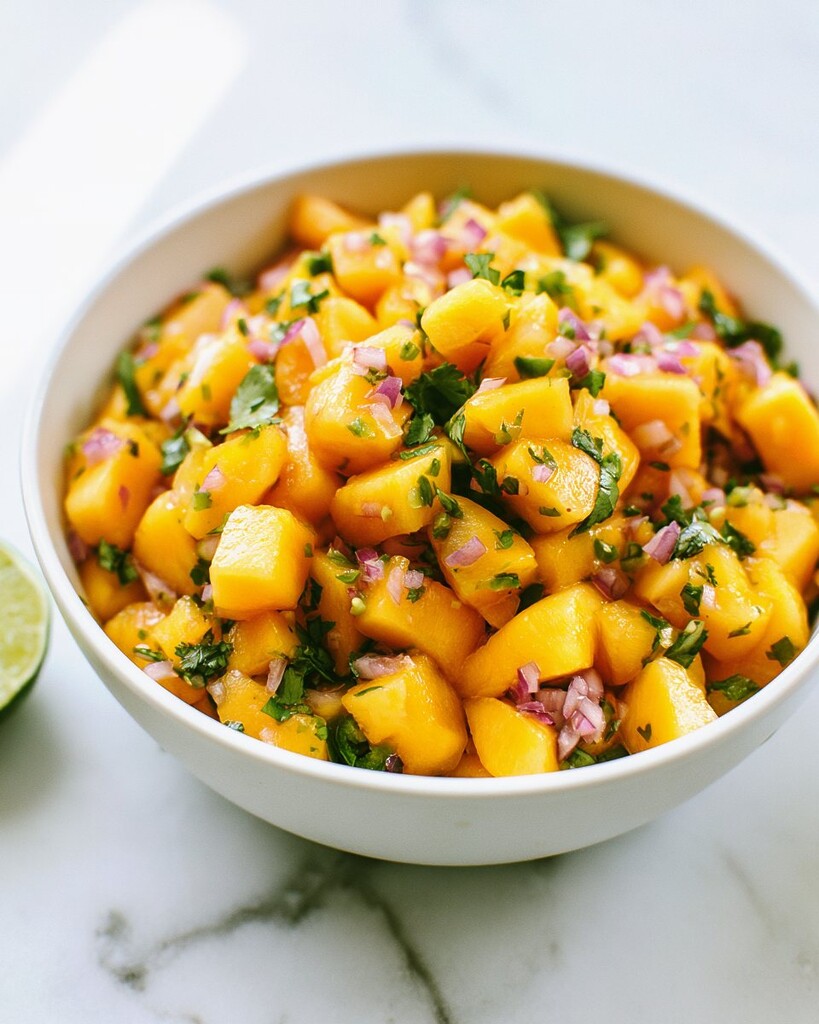 Diced mango, red onion, jalapeño, and cilantro mixed together in a white bowl