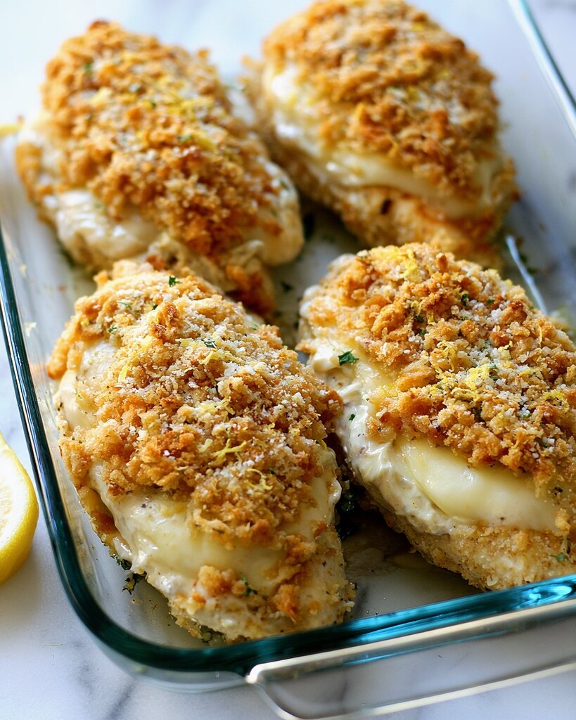 Close up of baked Caesar chicken with melted cheese and a golden crumb topping in a glass dish