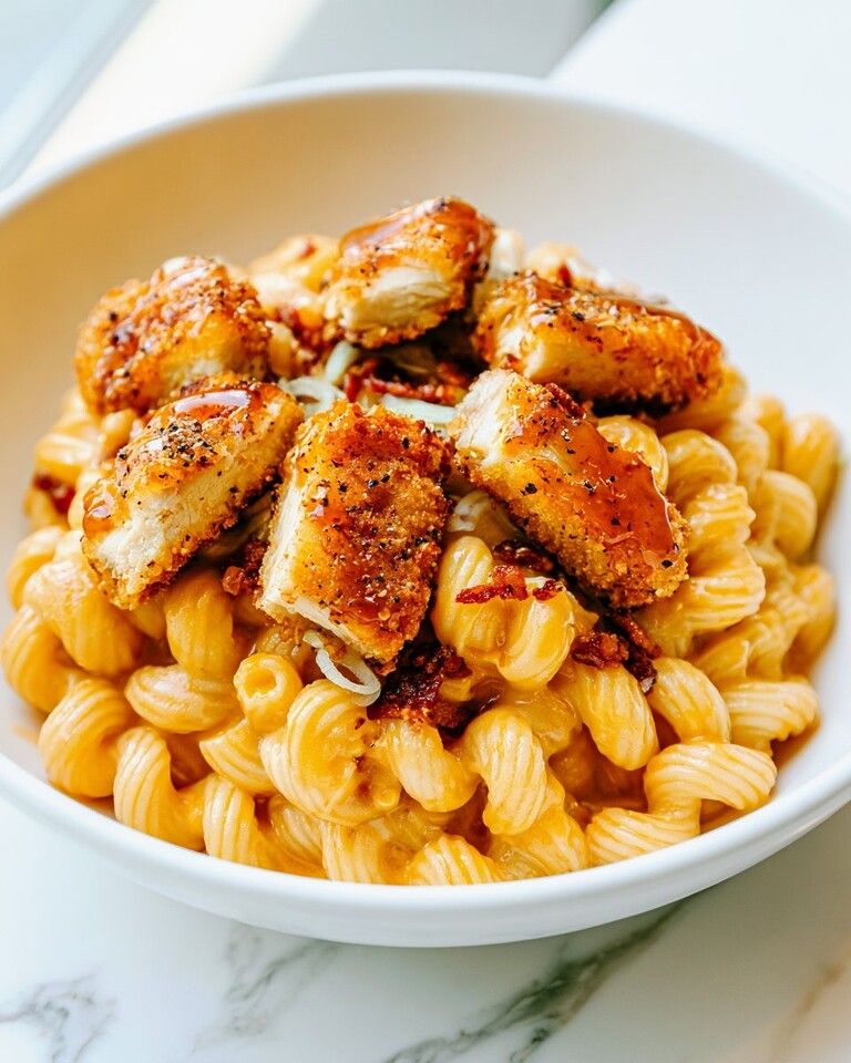White bowl filled with creamy macaroni and cheese topped with hot honey glazed crispy chicken chunks and bacon