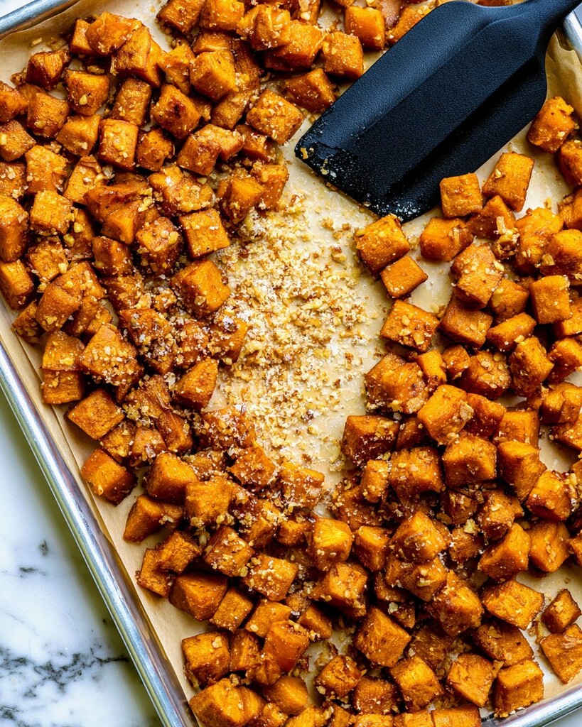 Tossing roasted sweet potato cubes with minced garlic and grated Parmesan cheese on a baking sheet with a spatula