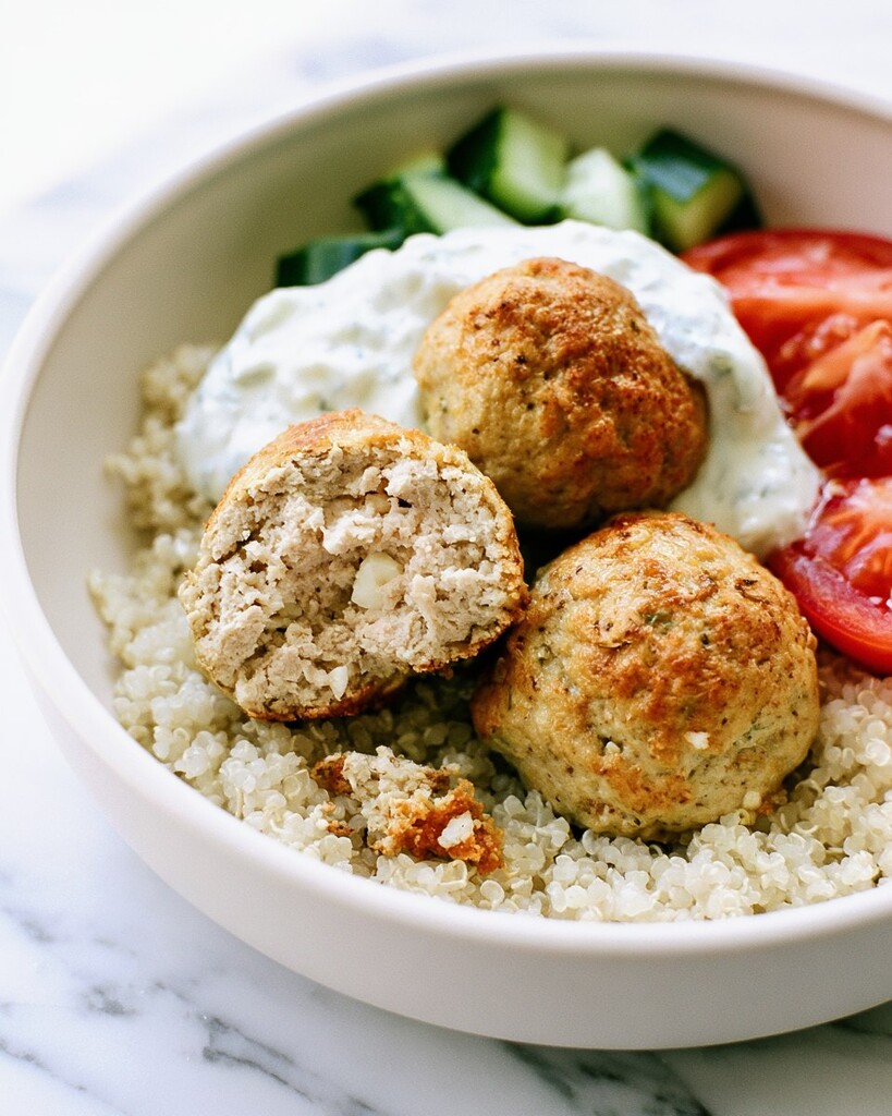 A close up of a baked turkey meatball sliced in half over quinoa, showing a soft, feta-studded interior
