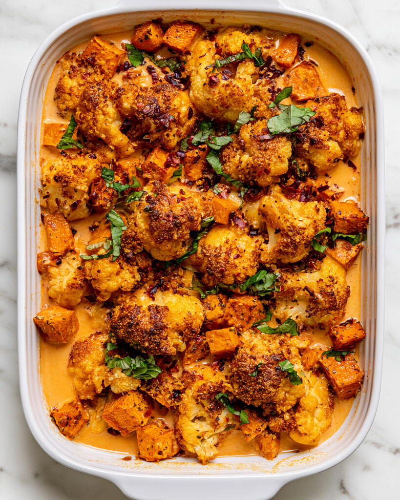White ceramic baking dish filled with Marry Me vegetable bake showing a golden breadcrumb crust and fresh green basil on top