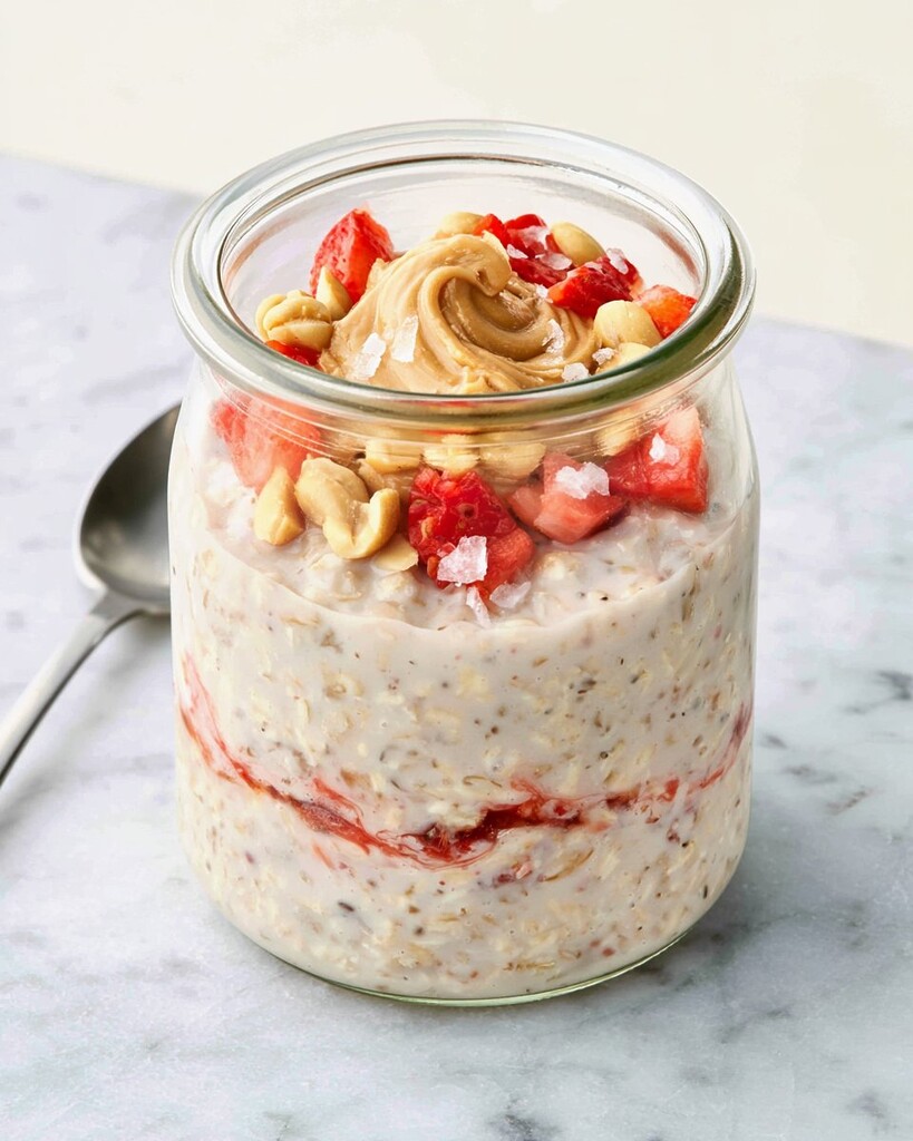 Peanut butter and jelly overnight oats in a glass jar topped with fresh strawberries and roasted peanuts