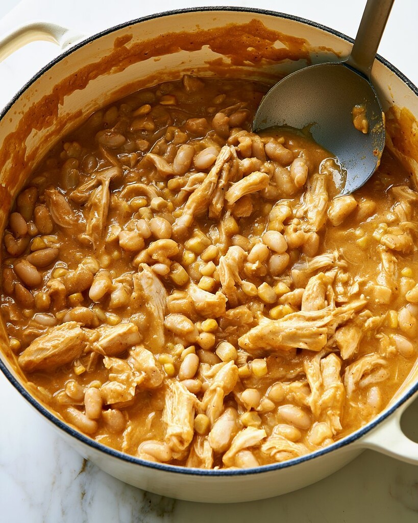 Bubbling pumpkin chicken chili with shredded meat and corn in a Dutch oven