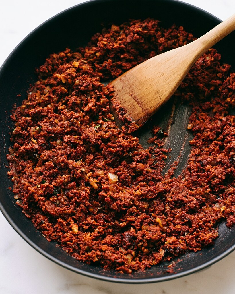 Tomato paste and onions toasting in a black skillet turning a dark brick red