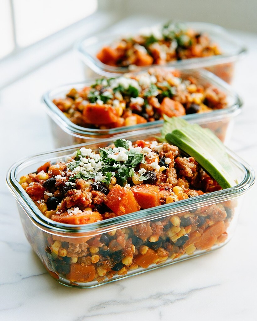 Smoky turkey and sweet potato meal prep bowls in glass containers topped with cheese