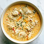 Top-down view of pale orange crab stew with large chunks of crab meat and green herbs