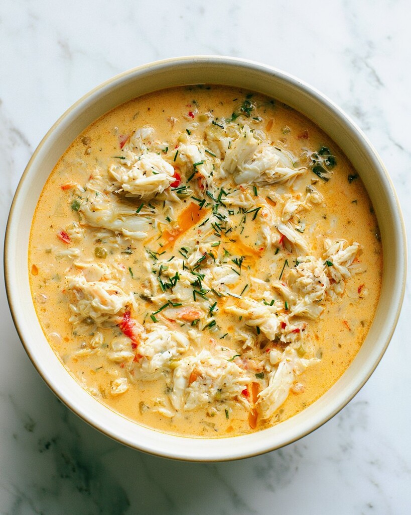 Top-down view of pale orange crab stew with large chunks of crab meat and green herbs