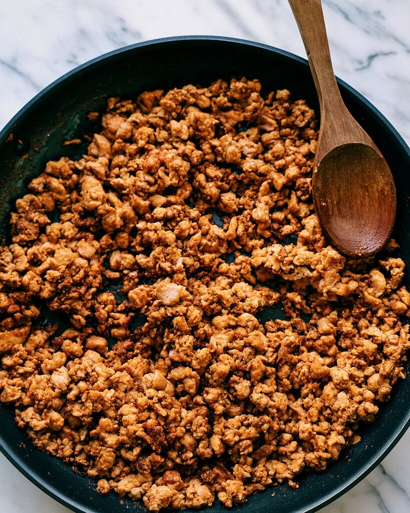 Ground chicken browning to a brown crust inside a black skillet