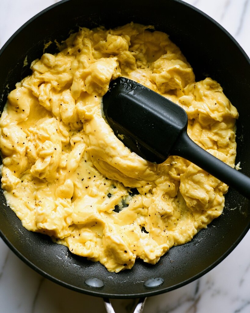 Soft scrambled eggs cooking in a black nonstick skillet