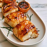 Glazed white fish portions arranged on an oval platter alongside freshly grilled orange halves