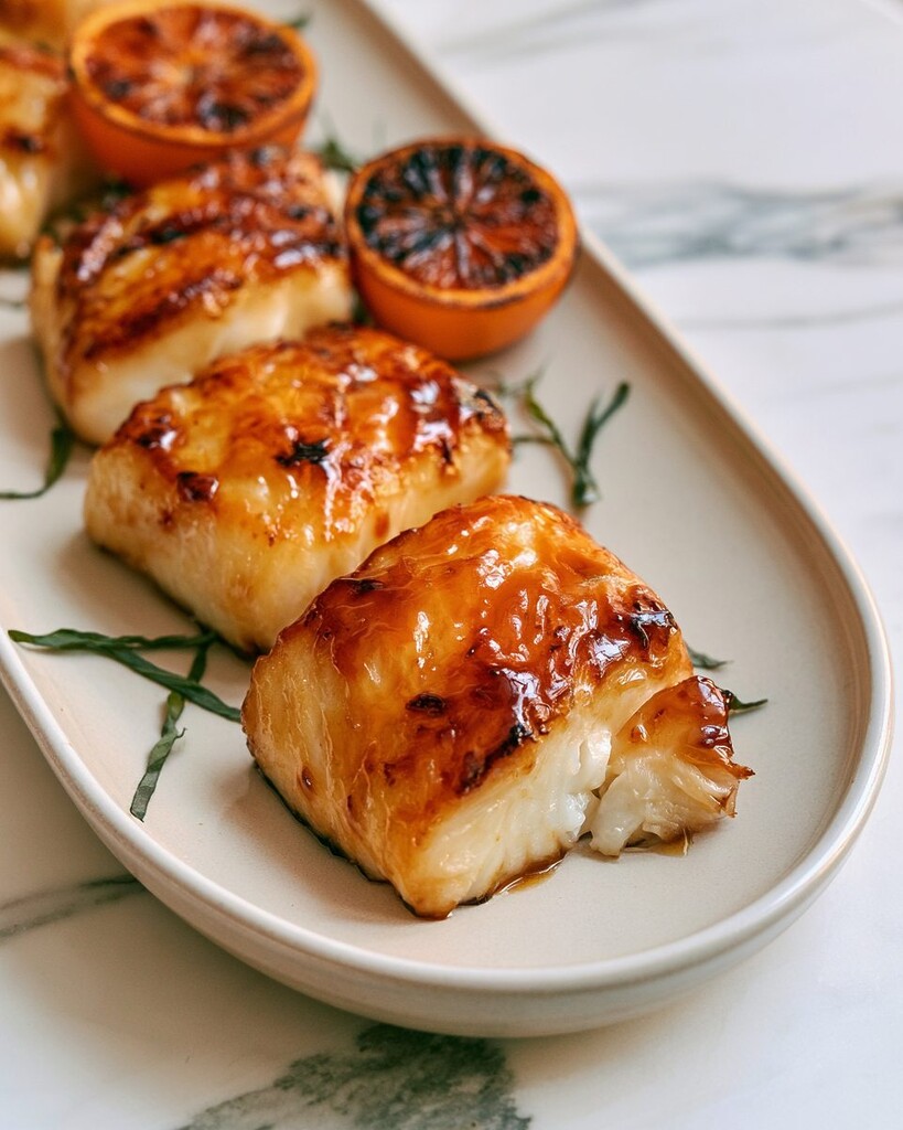 Glazed white fish portions arranged on an oval platter alongside freshly grilled orange halves