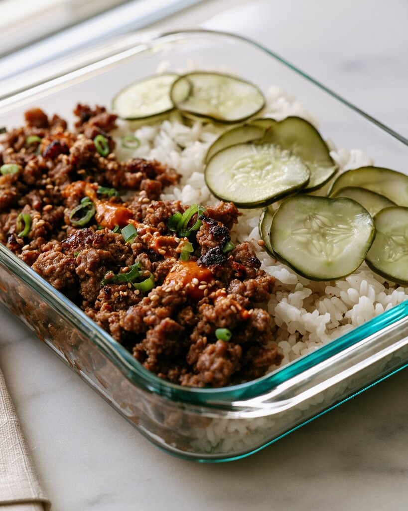 A glass serving bowl displaying the finished Korean beef over rice with bright orange sauce and pickles