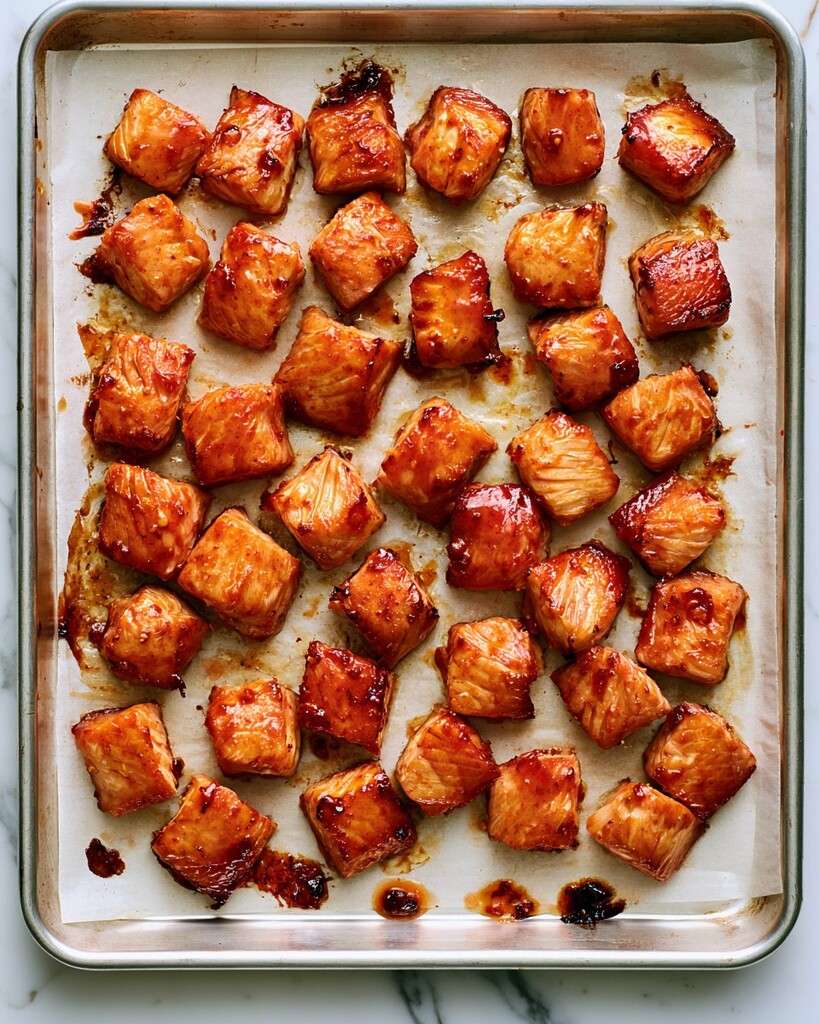 Caramelized baked salmon chunks resting on a parchment-lined baking sheet