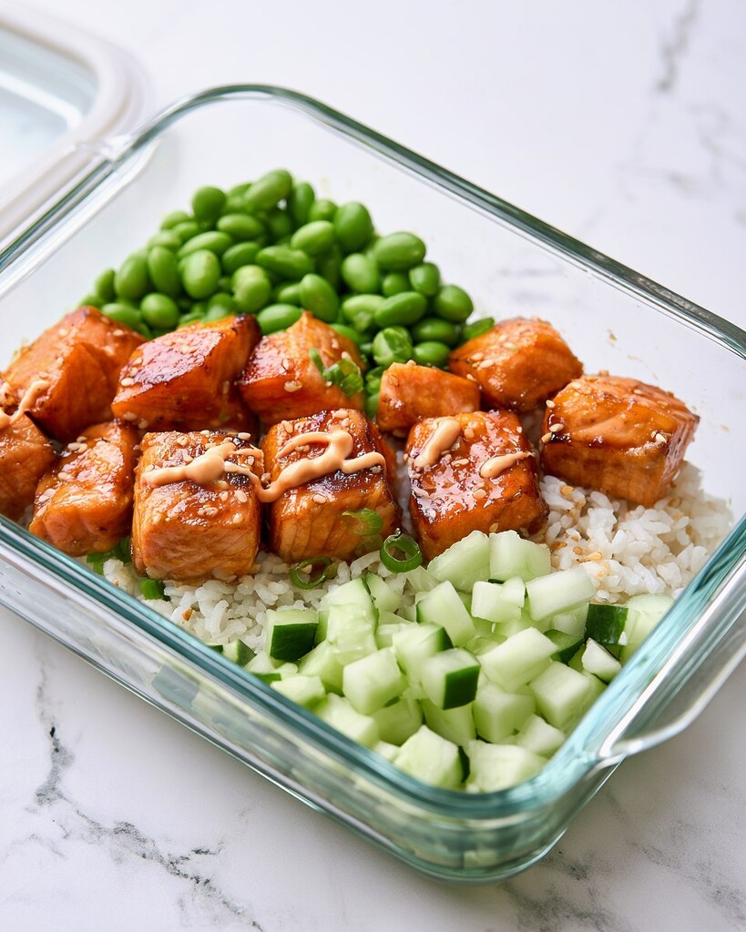An open meal prep container with rice, salmon, edamame, and cucumber, topped with a drizzle of spicy mayo and sesame seeds