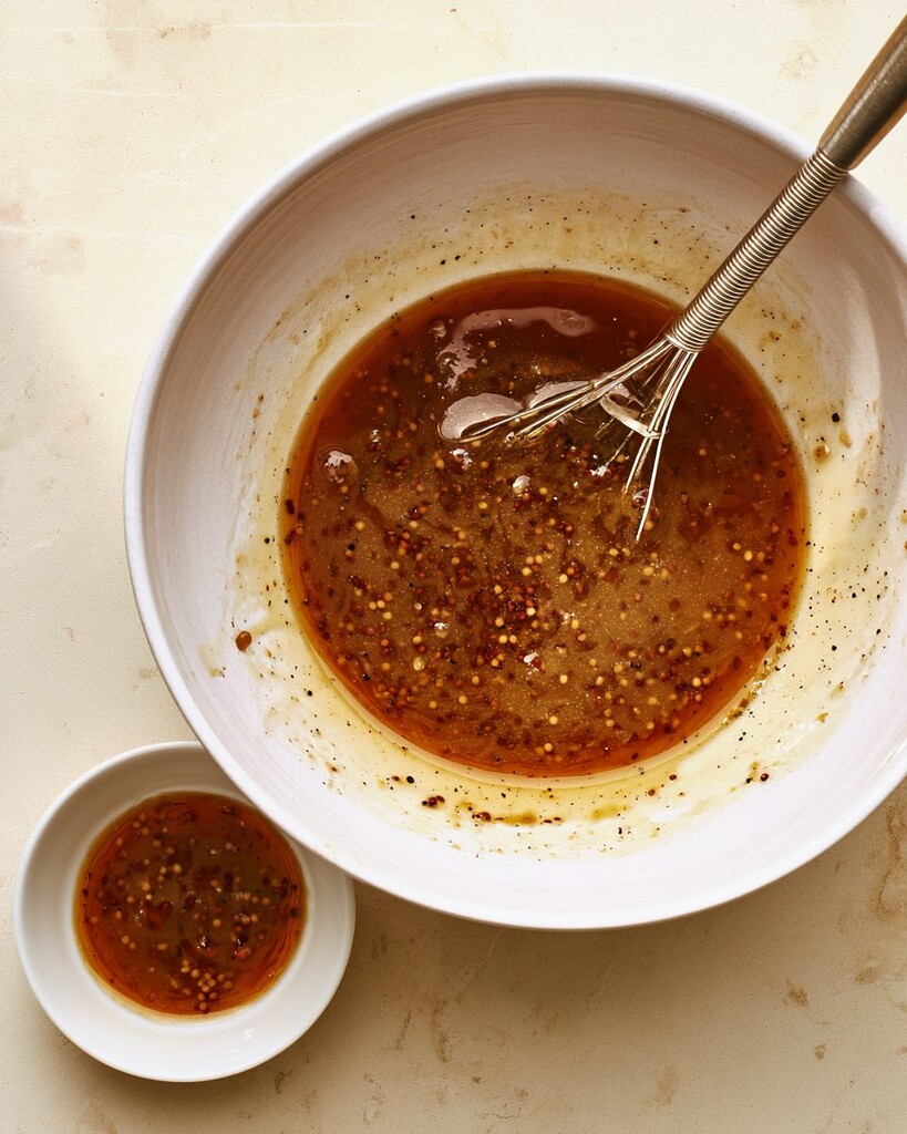 Whisking soy sauce and mustard marinade in a white bowl