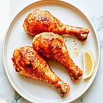 Golden extra-crispy baked chicken drumsticks plated on a light dish with a fresh lemon wedge
