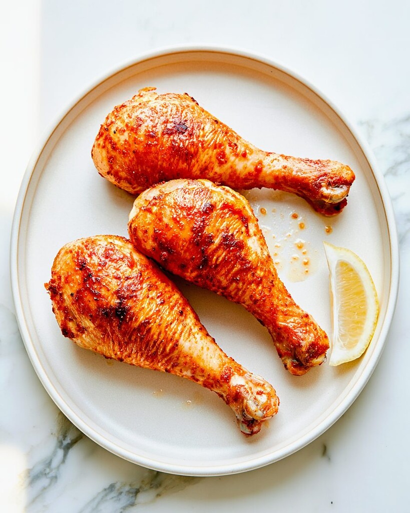 Golden extra-crispy baked chicken drumsticks plated on a light dish with a fresh lemon wedge