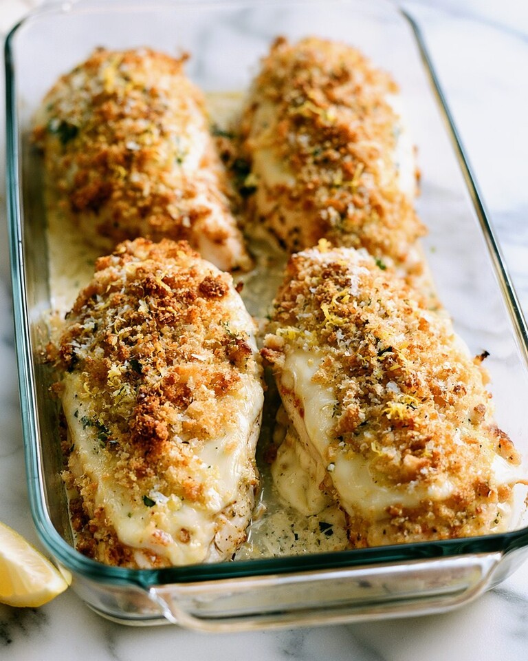 Four pieces of baked Caesar chicken in a glass baking dish with a golden brown crust and melted cheese