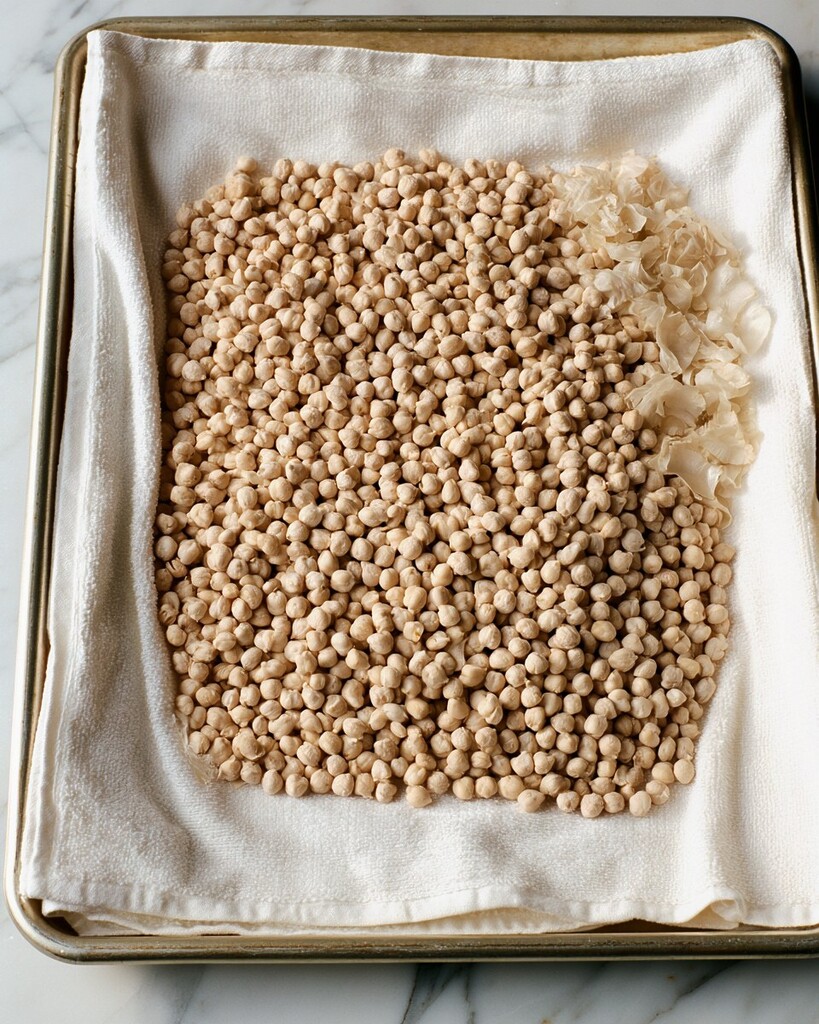 Chickpeas drying on a towel inside a baking sheet with loose papery skins peeling off