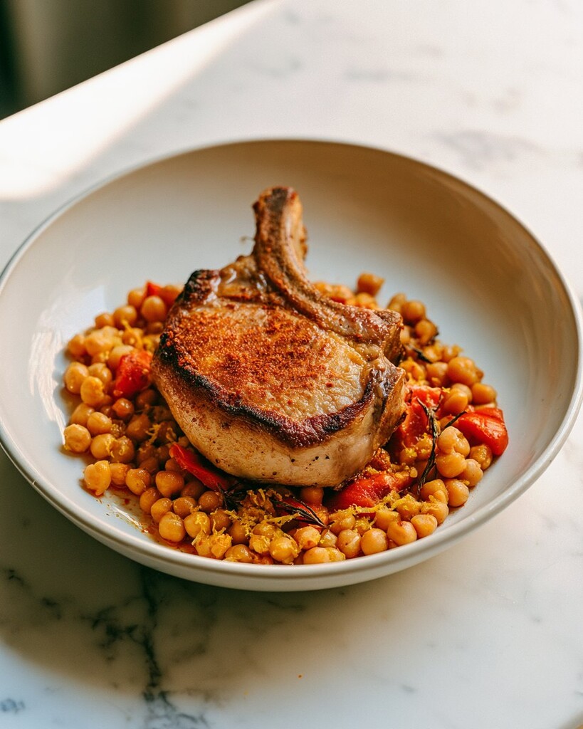 Smoked pork chop in a deep bowl surrounded by soft chickpeas and red peppers