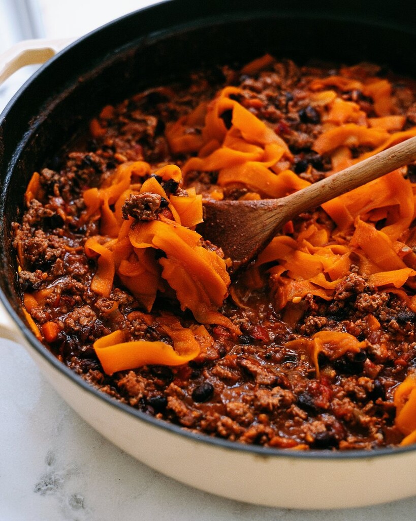 Orange butternut squash noodles being stirred into a thick turkey chili base inside a cooking pot.