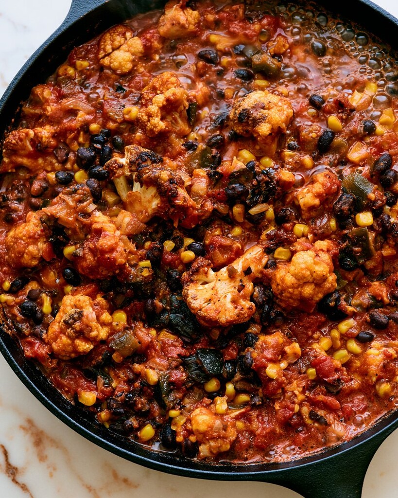 Cauliflower florets, sweet corn, and black beans bubbling in a red tomato broth inside a cast-iron skillet