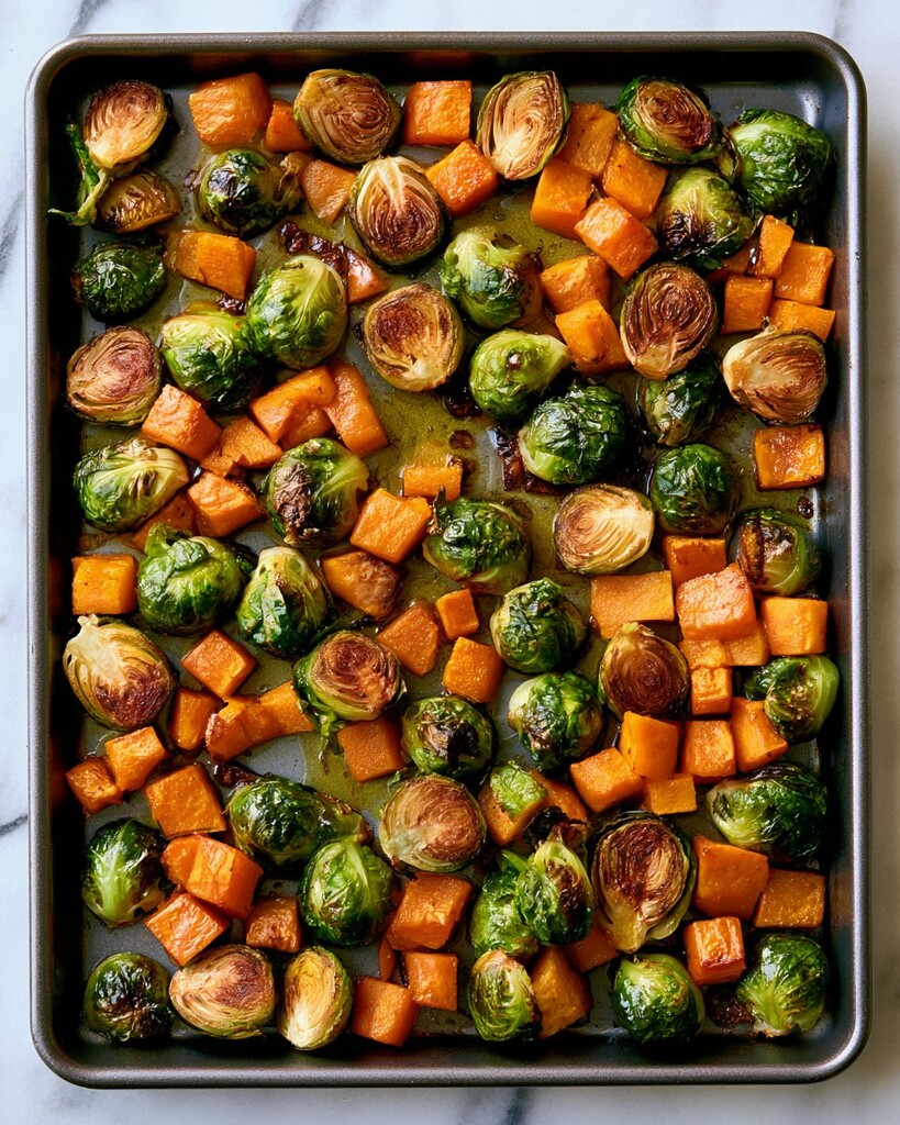 Halved Brussels sprouts and cubed butternut squash roasting on a baking sheet