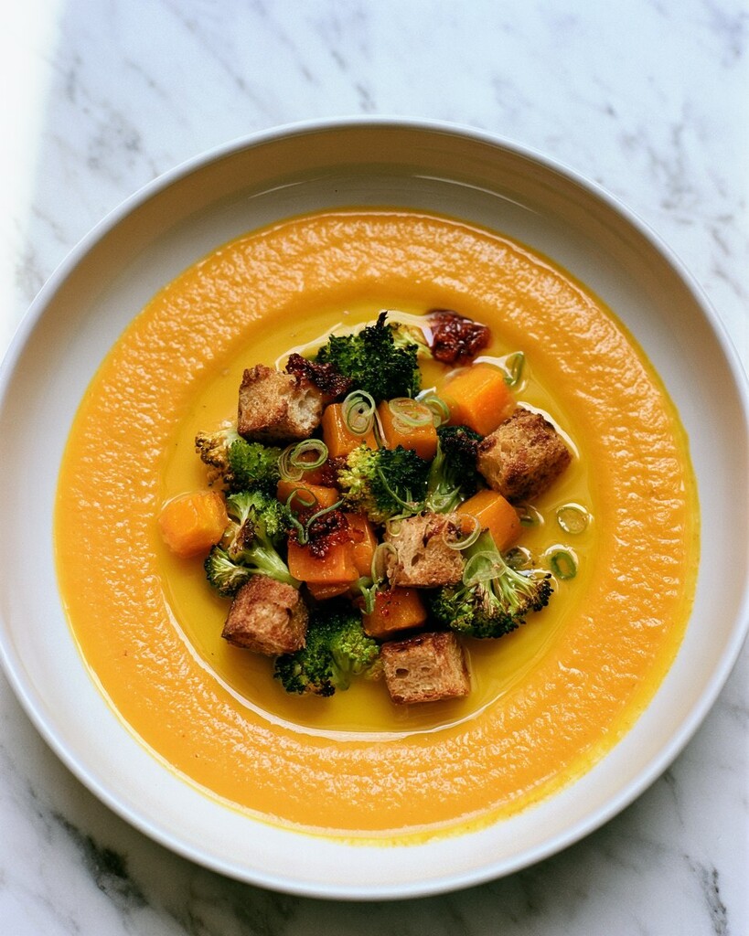 Overhead view of the finished polenta bowl with roasted vegetables and toasted seeds in the center