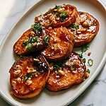 Glazed sweet potato rounds topped with chopped peanuts and scallions on a white ceramic plate