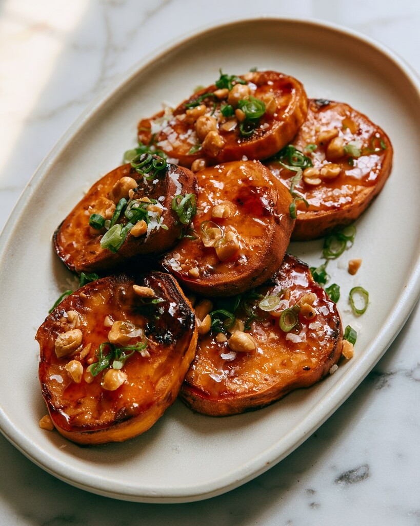 Glazed sweet potato rounds topped with chopped peanuts and scallions on a white ceramic plate